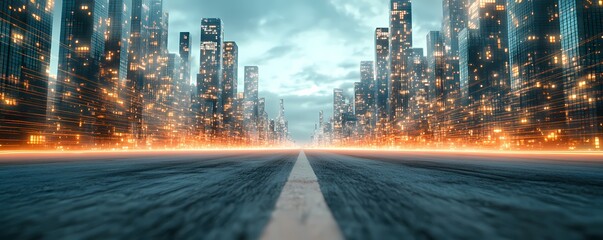 Futuristic city avenue lined with high-rise buildings.
