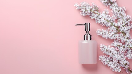 Pink soap dispenser with lilac flowers on a pastel background.