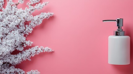 White flowers and a dispenser against a pink background.