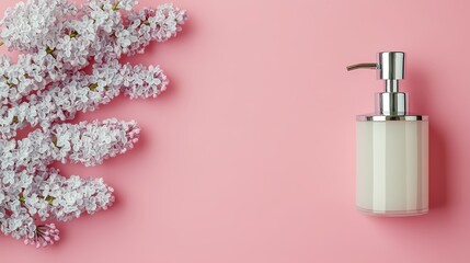 Delicate lilac blossoms and a simple soap dispenser on a pastel pink background.