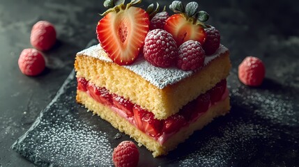 Delicious slice of layered cake adorned with fresh berries.