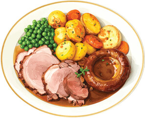 Watercolor Illustration of Traditional British Sunday Roast Dinner with Vegetables and Gravy