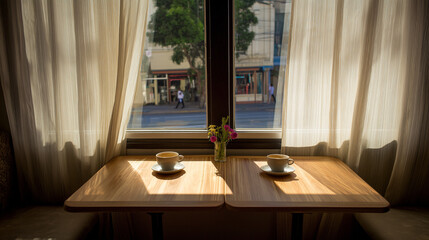 Cozy café table for two with coffee cups and a small flower vase, softly lit by natural sunlight through sheer curtains.