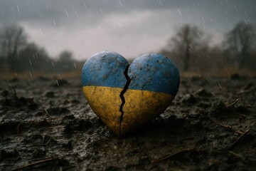 Cracked heart on Ukraine flag, symbol of war loss, resilience, and national emotional pain