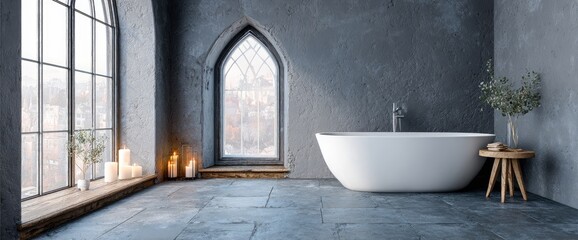 Modern, rustic bathroom with a large arched window
