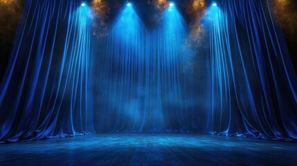 Stage with Blue Curtains and Spotlights, Creating a Dramatic Theater Background for Performances