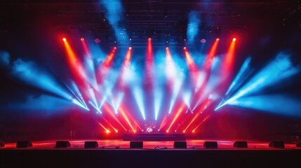 Stage of the concert illuminated with colorful spotlights, evoking an energetic and lively atmosphere