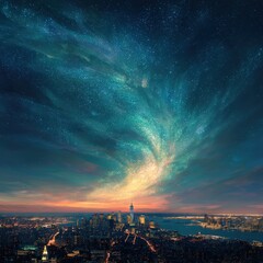 Fototapeta premium A vibrant cityscape at night with a dazzling, colorful sky filled with stars and a bright, swirling light formation above the skyline.