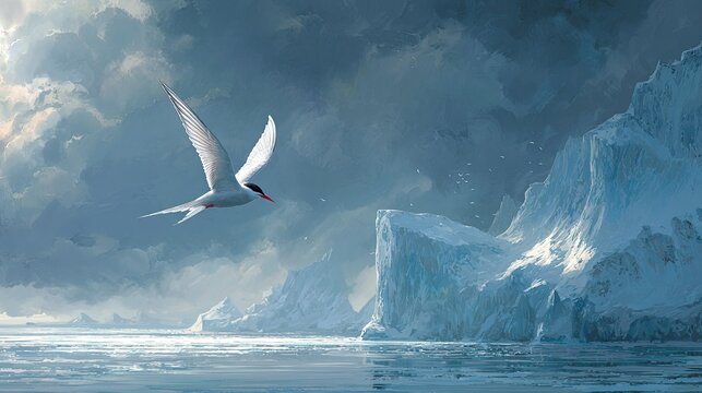 Arctic tern in flight, icy landscape