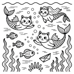 Cute Cat Mermaids: Underwater Pixel Art Illustration