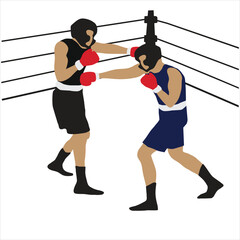 Boxing match athletes with helmets silhouettes in motion