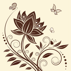 Abstract floral vector pattern with decorative swirl elements and spring plant silhouettes
