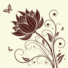 Abstract floral vector design featuring ornate swirls, leaves, and butterfly silhouettes, perfect for decorative patterns and vintage illustrations