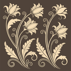 Seamless floral pattern with vintage black flower and leaf scroll ornament illustration
