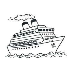 Obraz premium Hand-drawn cruise ship black and white doodle on waves. Hand drawn vector illustration