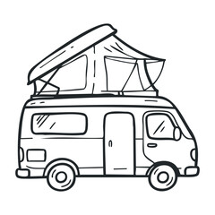 Camping van with roof tent sketch - outline drawing of camper with pop-up roof. Hand drawn vector illustration