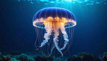 Fototapeta premium Jellyfish in underwater sunlit scene