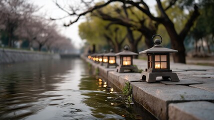 Fototapeta premium Misty cherry blossom evening with floating lanterns