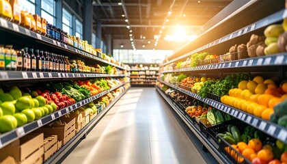 Inside a modern grocery store, brightly lit aisles showcasing fresh produce and packaged goods