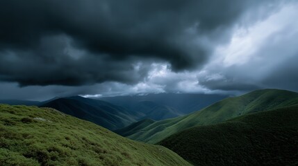 Dark storm approaching mountain range with textured clouds rolling in. AI generated.