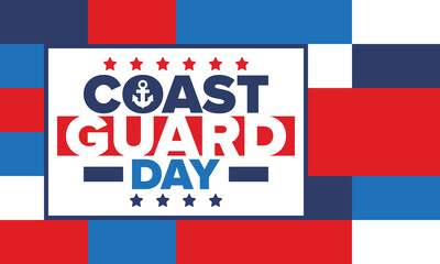 U.S. Coast Guard Birthday in United States. Federal holiday, celebrated annual in August 4. Sea style. Design with anchor and shield. Patriotic element. Poster, greeting card, banner and background