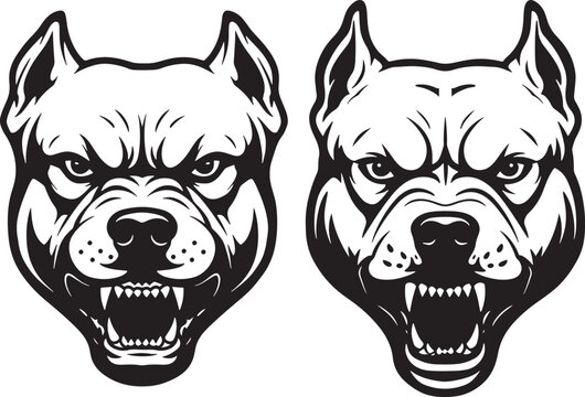 Two fierce pitbull dog heads facing forward silhouette