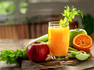 Fototapeta premium Fresh Fruit and Vegetable Juices with Organic Ingredients on Rustic Table