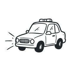 Hand-drawn style cartoon taxi with simple black and white design. Hand drawn vector illustration