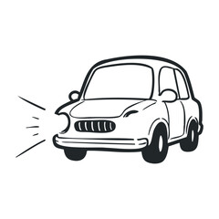 Obraz premium Simple black outline of compact car with headlight emitting light. Hand drawn vector illustration