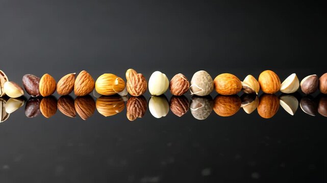 Vibrant assortment of mixed nuts reflected on glossy surface in slow motion
