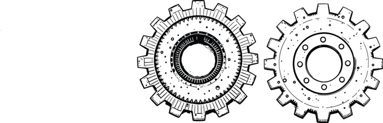 Black-and-White Vector Illustration of Mechanical Connection Icons &ndash; 2-Item Gear Symbol Set