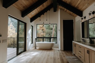 Light-filled, modern farmhouse bathroom with vaulted ceiling, large windows, and a freestanding tub