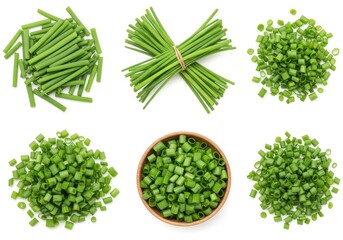 Assorted piles and a bowl of fresh chives displayed on a clean, bright surface for culinary use