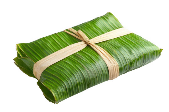 A rectangular food item wrapped in fresh green banana leaves and tied with natural raffia string isolated on transparent background
