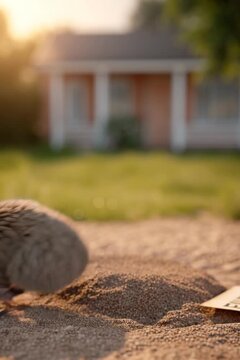 A mole holding an eviction sign - realistic digging pest stands in yard with sunglasses, funny digging pest control service or gopher rodent removal or pest deterrent animation. Eviction notice.
