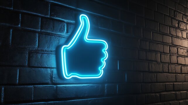 Glowing Blue Thumbs Up Neon Sign Against Dark Textured Brick Wall Backdrop