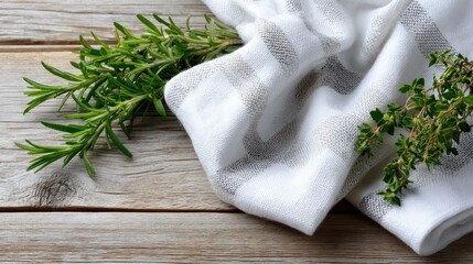 Green leaves of rosemary and thyme rest on rustic wood, complemented by textured fabric, ideal for organic and nature-inspired designs