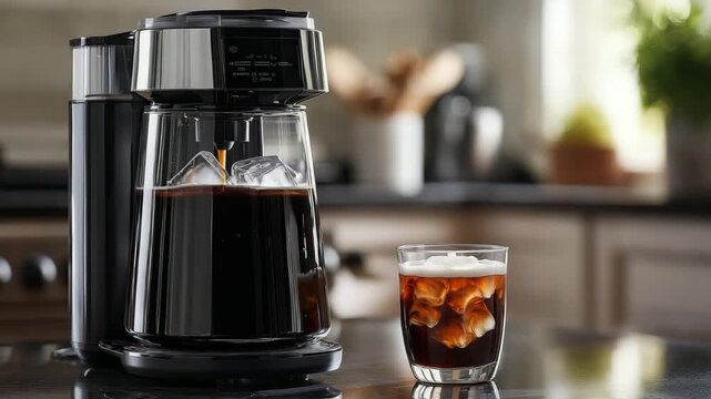 Cold brew coffee maker with glass carafe and iced coffee glass kitchen counter refreshing beverage with ice cube perfect drink for hot day kitchen