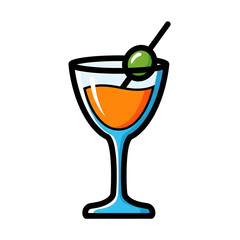 Orange Cocktail Drink in Blue Glass with Olive Garnish isolated on a transparent background
