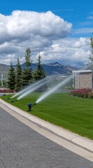 Landscaping with sprinklers in a vibrant summer garden featuring green grass, colorful flowers, and a brick path leading to an inviting entrance