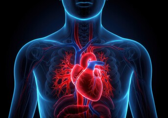Human anatomy showcasing the cardiovascular system with heart and veins in red and blue hues