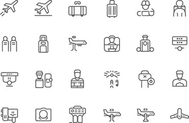 Airport Related Line Icons Set Featuring Airplanes Luggage Security on Transparent Background