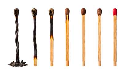 Burnt and unused wooden matches in sequence
