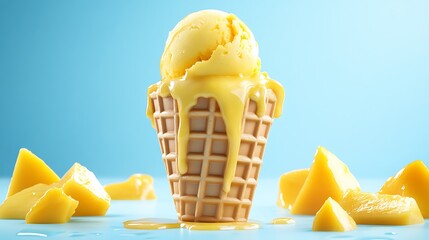 Mango Ice Cream Cone with Dripping Sauce and Fresh Fruit Chunks on a Blue Background