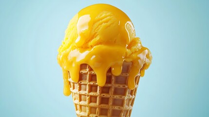 Mango Ice Cream Cone with Dripping Sauce on Light Blue Background, Dessert Treat