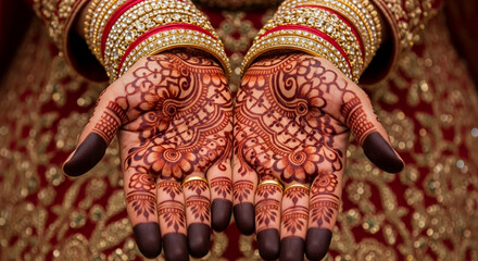 Fototapeta premium Closeup of a brides hands adorned with henna and traditional bangles