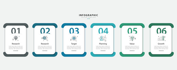 Vector infographic template design. 6 Step timeline journey, Flat simple infographics design template. presentation graph. Business concept with numbers 6 options or steps vector illustration.