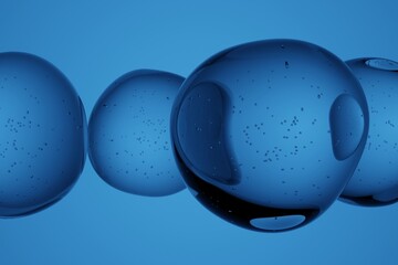 Close-up of transparent water droplets floating in air against blue background, isolated macro...