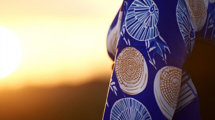 A detailed kimono sleeve with traditional dance patterns, set against a softly blurred golden sunset.
