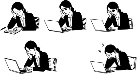 Four drawings of a tired exhausted businesswoman
